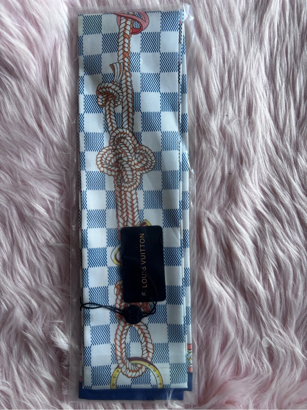 Source Unknown Blue, White & Brown Silk Scarf with Rope Motif